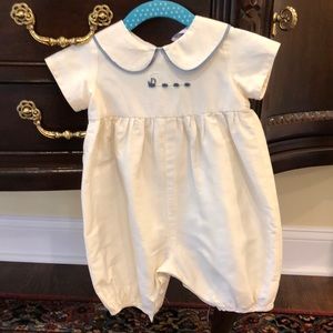 Off-white silk one piece. 6-12 months